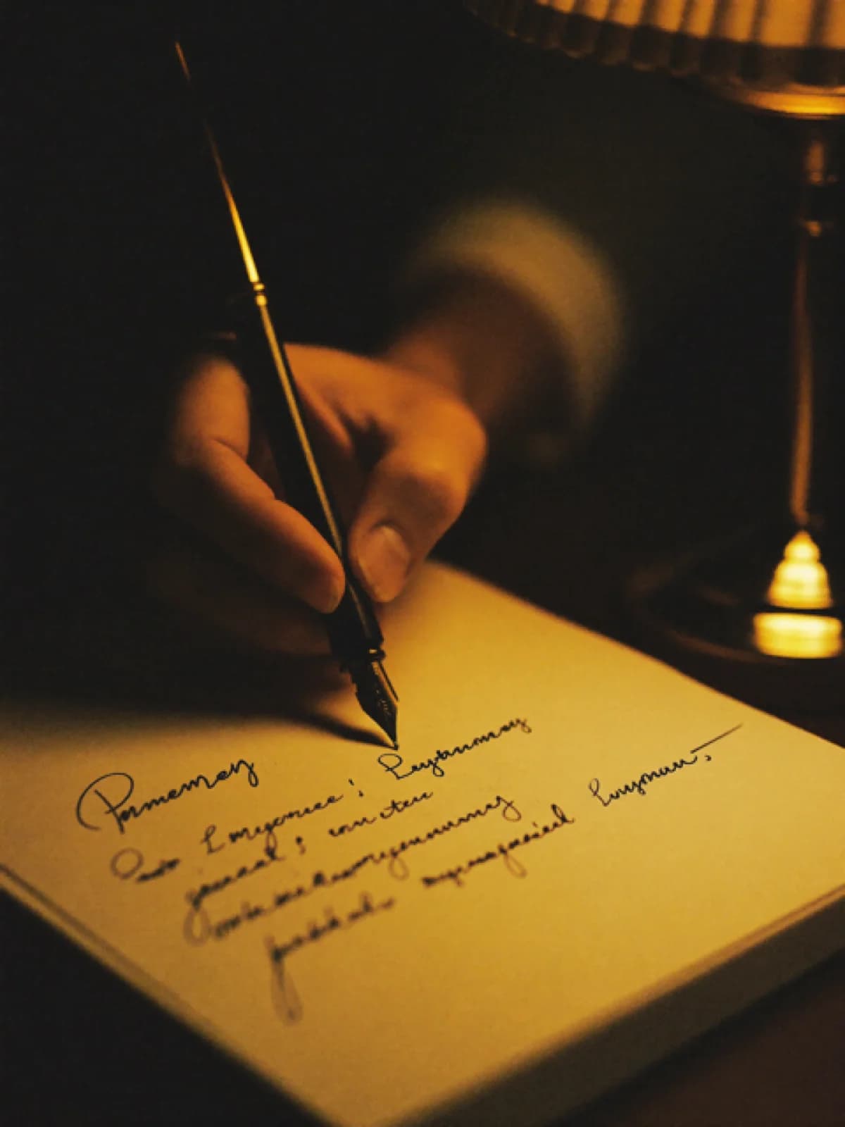 A hand writing with a fountain pen on cream paper under a warm lamp